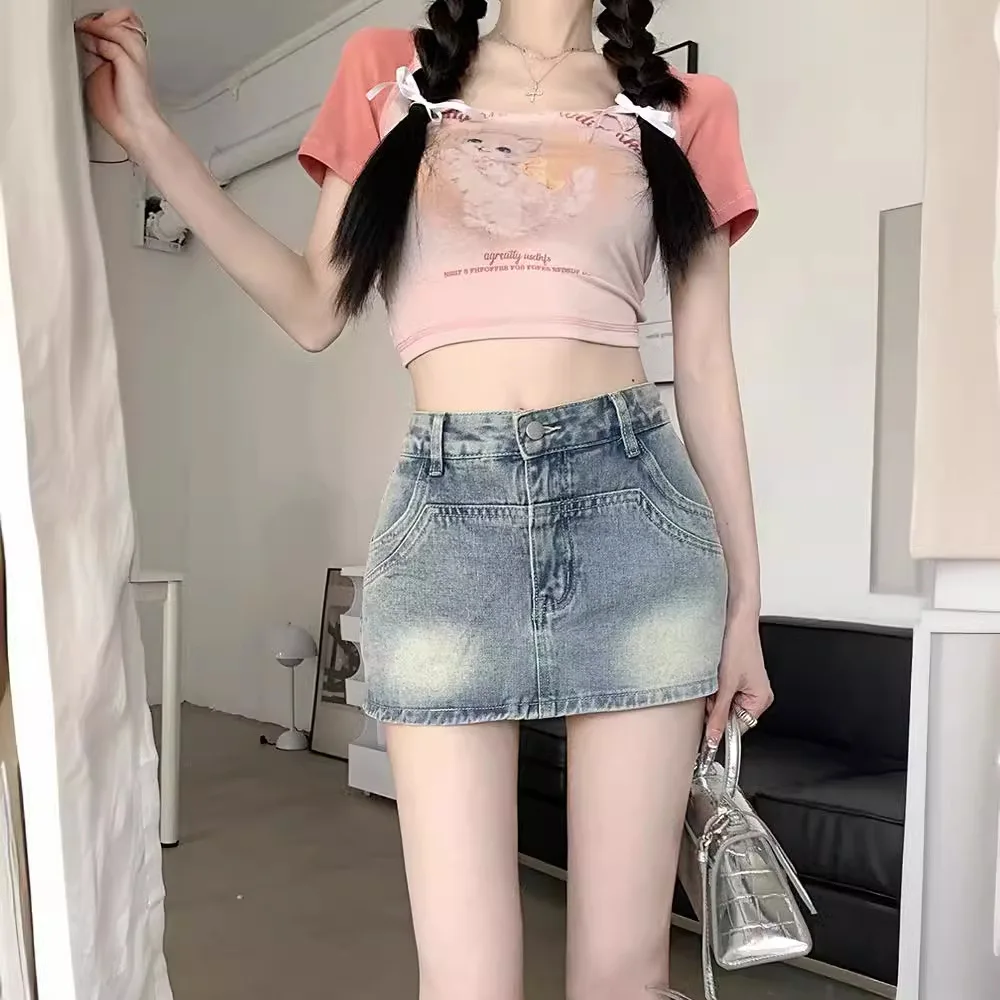 American vintage washed high-waisted denim skirt women's summer new hot girl culottes skirt hip-hugging skirt