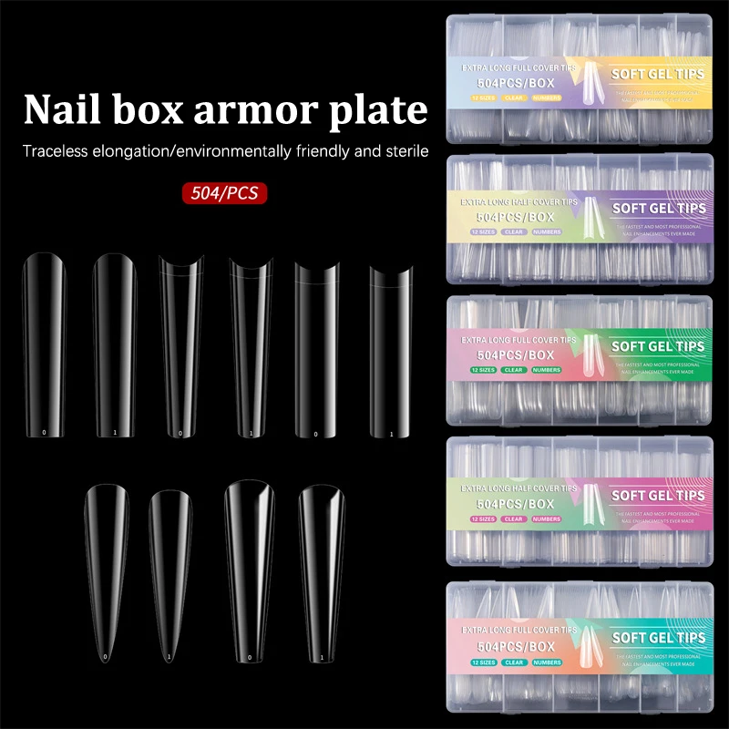 

504 Pcs/Box C Curve Straight Nail Tips Flat Square Half Cover False Finger Coffin Acrylic Tip Long Nail Glue Manicure Tool