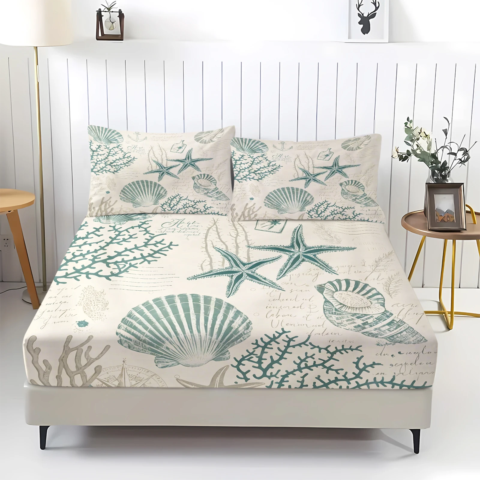 Nautical Coastal Fitted Sheet Set Vintage Seashell Starfish Coral Print Bed Sheet Pillowcase Elastic Mattress Cover Sea Style