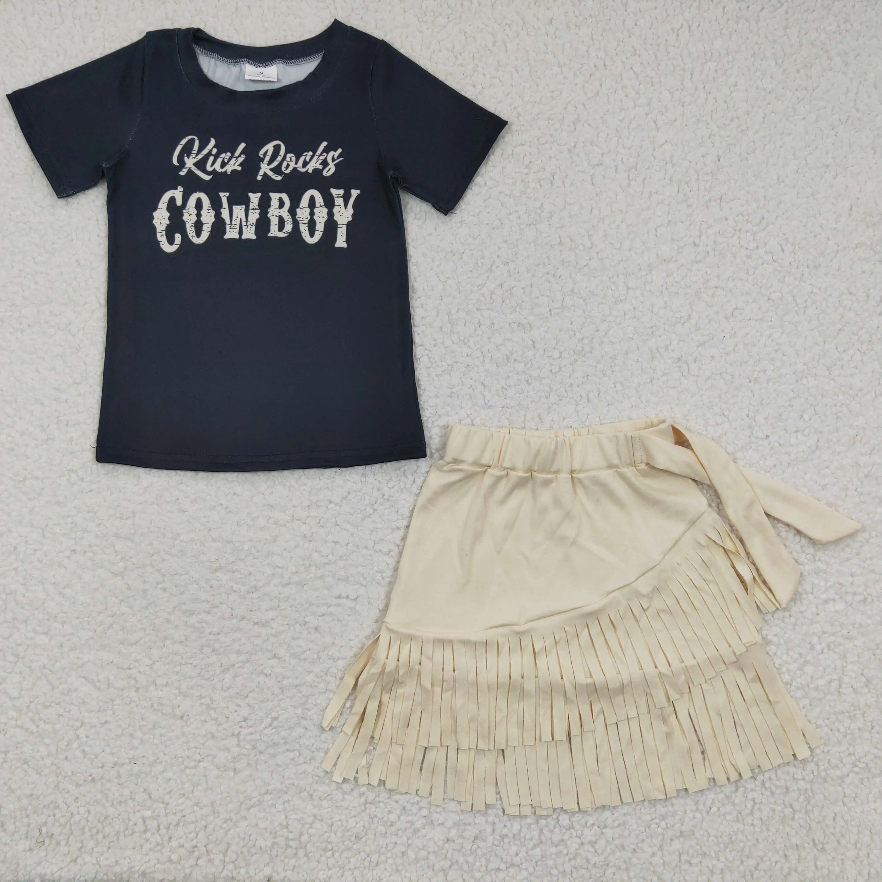 

Popular Design RTS NO MOQ Girls Summer C​owboy Black T Shirt Kids Cotton Skirt Outfit Girls Fringe Clothes Set