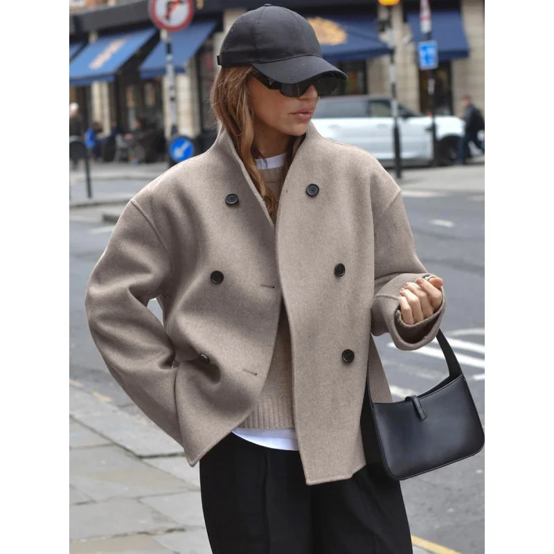 2024 Autumn/Winter New elegant fashion retro Brown Stand Up Collar Coat Women'swarm coat solid color