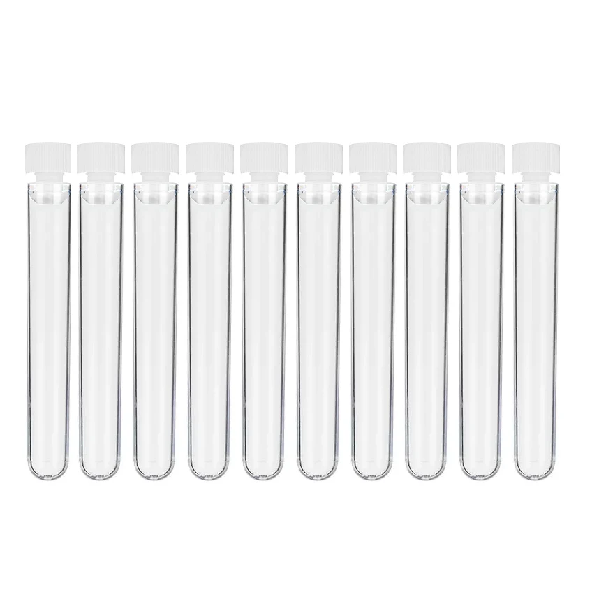 Tubo de ensaio de plástico transparente com tampa Tubo de ensaio de laboratório com cápsula Recipiente de garrafa de amostra 15x100mm 10 pcs por pacote