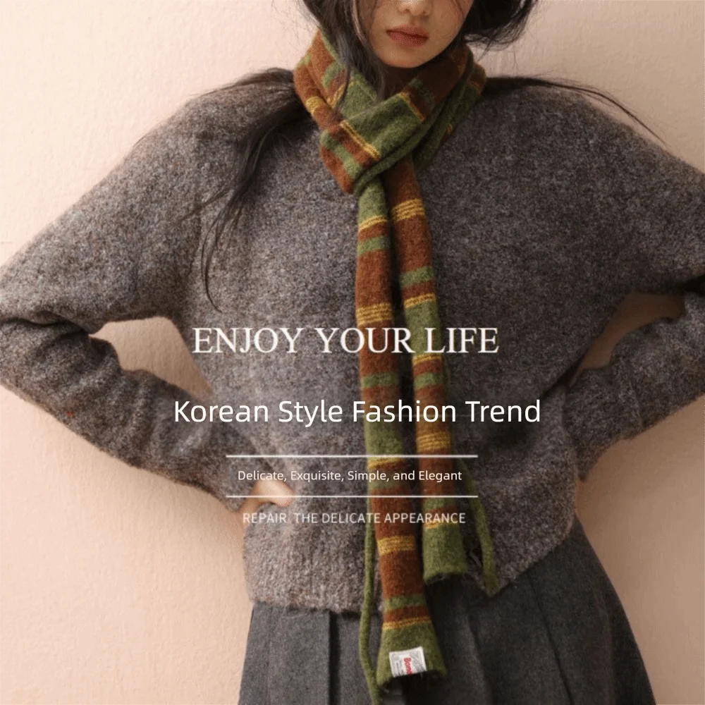 Korean Style Stripe Woolen Scarf Knitted Slim Y2K Girl Scarf Warm Neck Skinny Scarf For Women Men