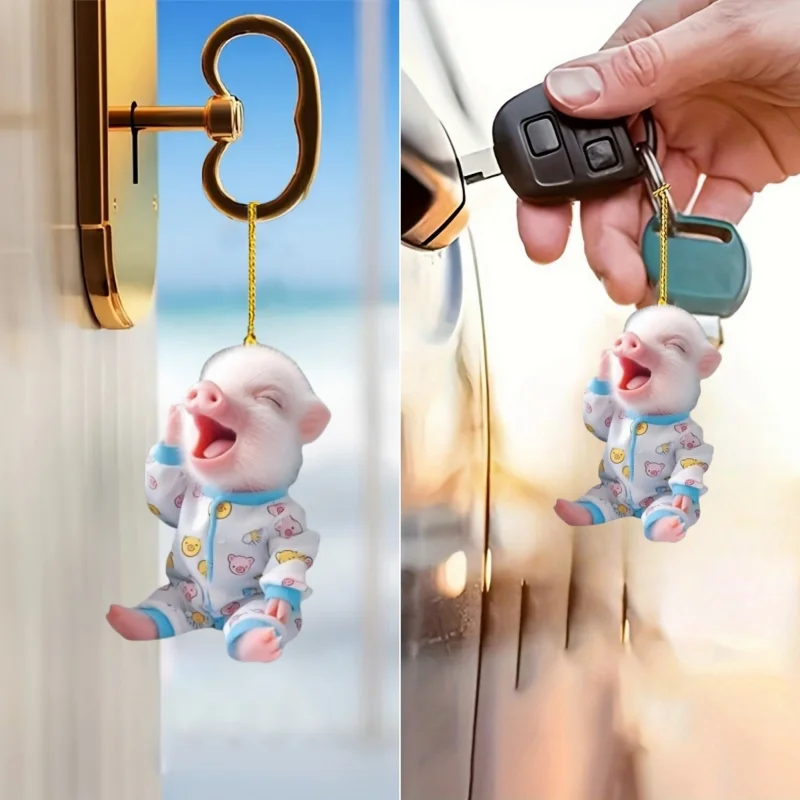 2D Cute Sleepy Piggy Keychain Cartoon Animal Acrylic Pendant Versatile Charm, Decor for Car Mirror,Backpack,Festive,Party,Gift