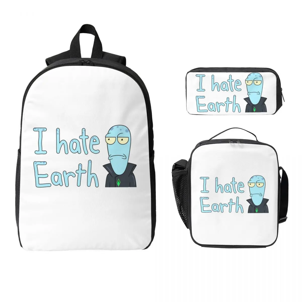 Korvo I Hate Earth Solar Opposites Cartoon Backpack BookBag School Bag  Shoulder Bags 3ps Insulated Lunch Bag Pencil Case