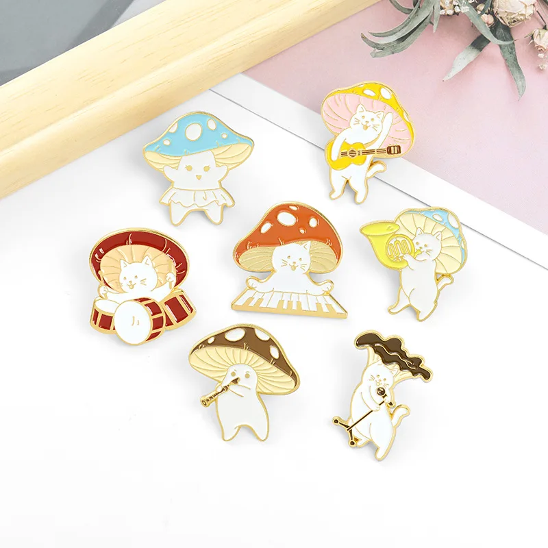 Mushroom Band Enamel Pins Custom Piano Guitar Saxophone Drum Brooch Lapel Badge Bag Funny Jewelry Gift for Kids Friends