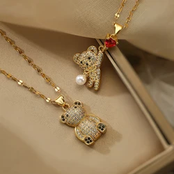 NEWBUY 2024 New Fashion Lovely Cute Bear Pendant Gold Color 316L Stainless Steel Chain Necklace AAA CZ Zircon Party Jewelry