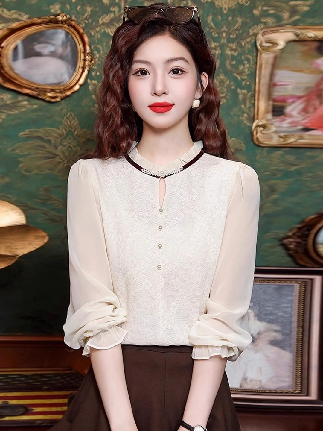 

Женская блузка Ele Pearl с вышивкой и кружевом, с длинным рукавом, воротником-стойкой, для повседневной носки, простого прямого кроя