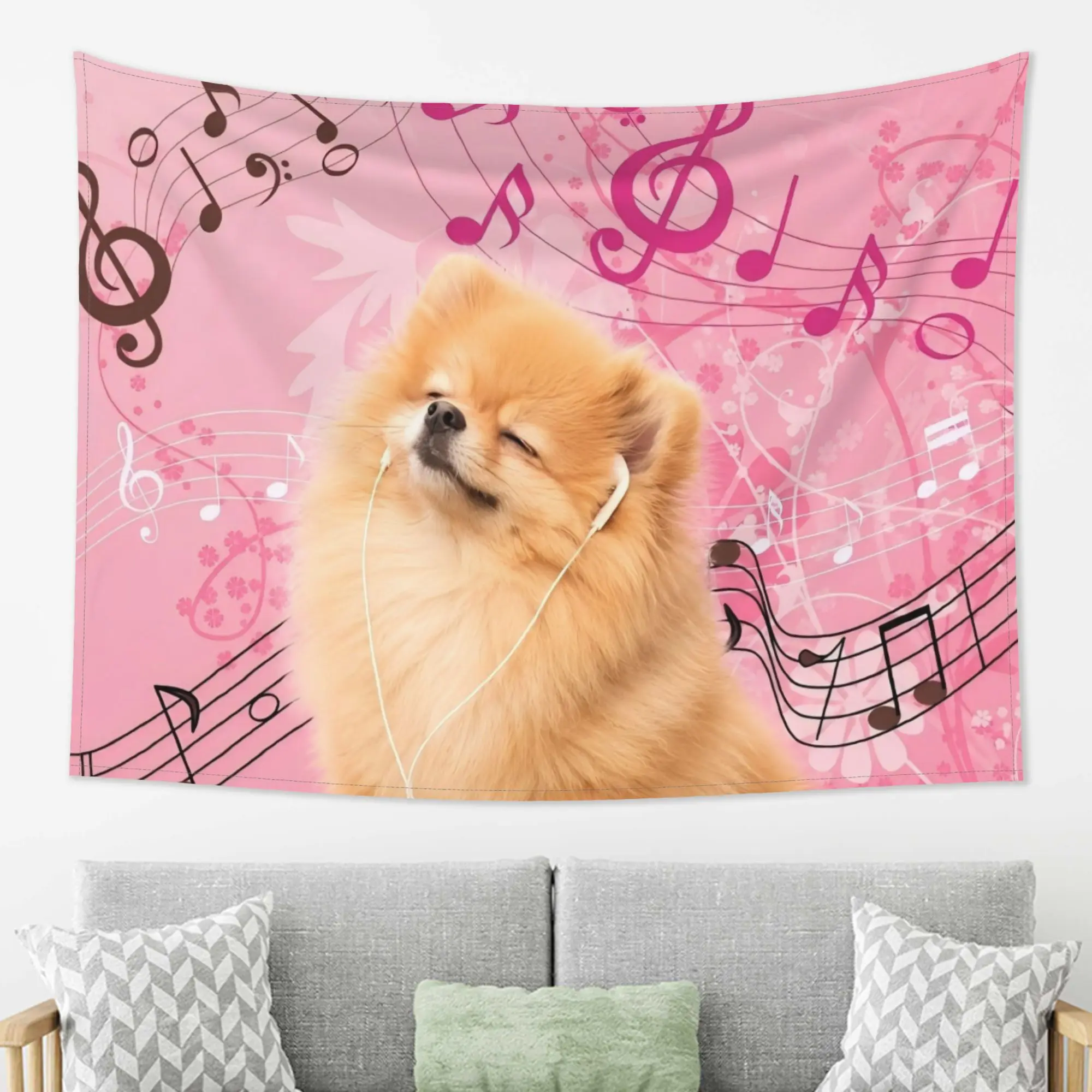 1pc Cute Pomeranian Dog Tapestry Music Notes Pink Background Headphones Puppy Wall Hanging Kawaii Bedroom Decor cool room stuff