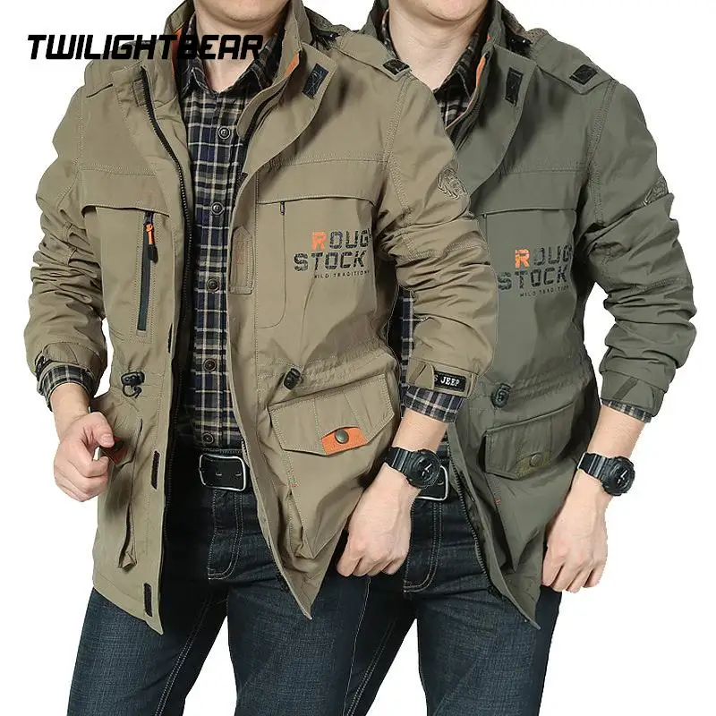 Waterproof Men's Jacket Oversized Male Windbreaker Hooded Outerwear Multi Pockets Casual Jacket Men Clothing Trench Coat A2F086