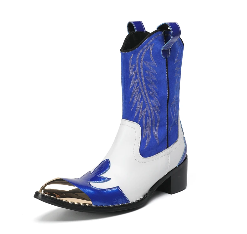 Mode Spitz Männlichen Stiefeletten Plus Größe Party Schuhe Stickerei Cowboy Stiefel Aus Echtem Leder Männer Motorrad Kurze Stiefel – Detail 1