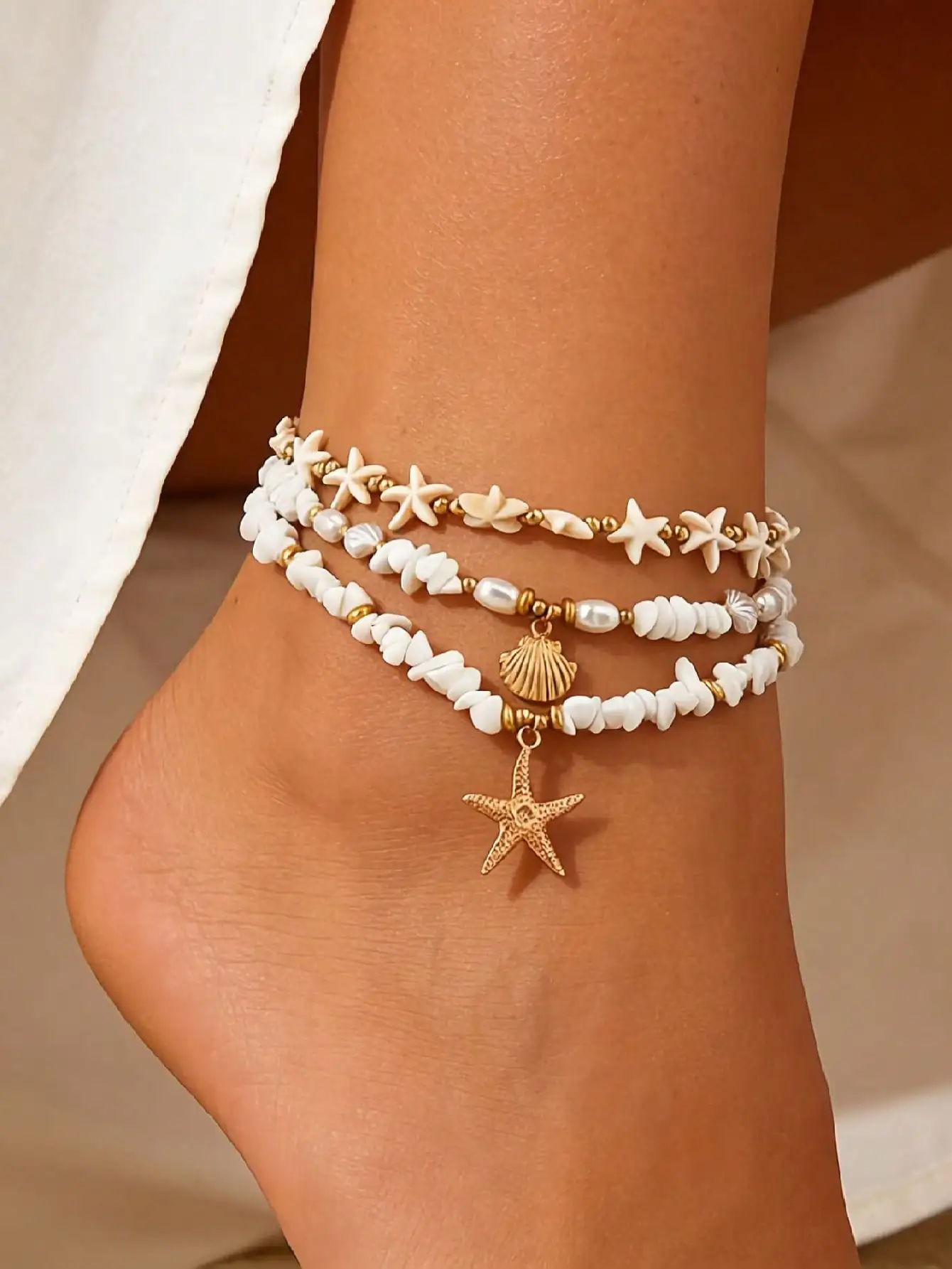 

3pcs/Set Bohemian Style Vintage Turquoise Starfish Shell Pearl Multi-Layer Anklet
