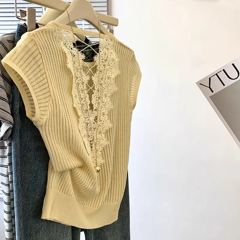 

Back Lace Hollow Out Knitwear Women Summer Thin Short Sleeve O-Neck Cut-Out Tops Pullovers Jumper