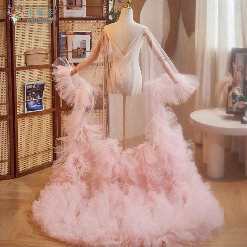

Pink Mesh Handmade Shawl Jacket with Large Tail Evening Dress Accessories