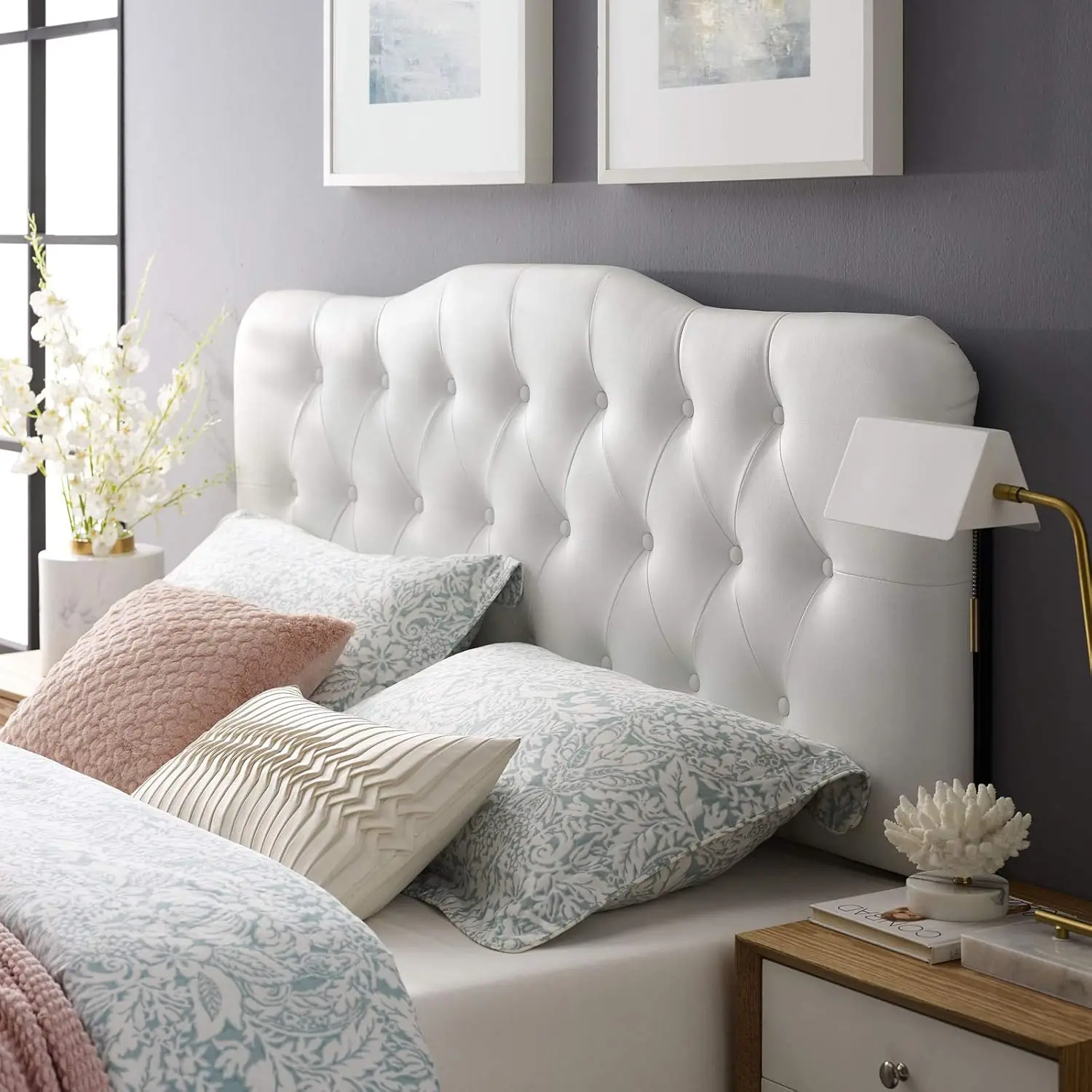 Full Size Bedroom Headboard, White, Tufted Button Faux Leather Upholstery