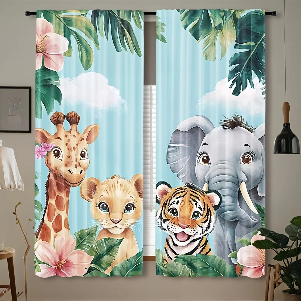 Cute Safari Jungle Curtain for Kids Room Decor Nursery Safari Animals Lion Giraffe Elephant Tropical Leaves Window Curtains