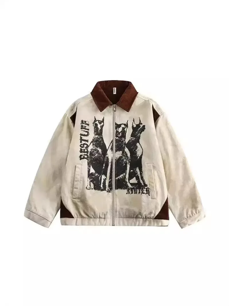 Autumn and Spring New Fashion Trend Printed American Vintage Workwear Jacket Men's Loose Sports Plus Size High Quality Outerwear