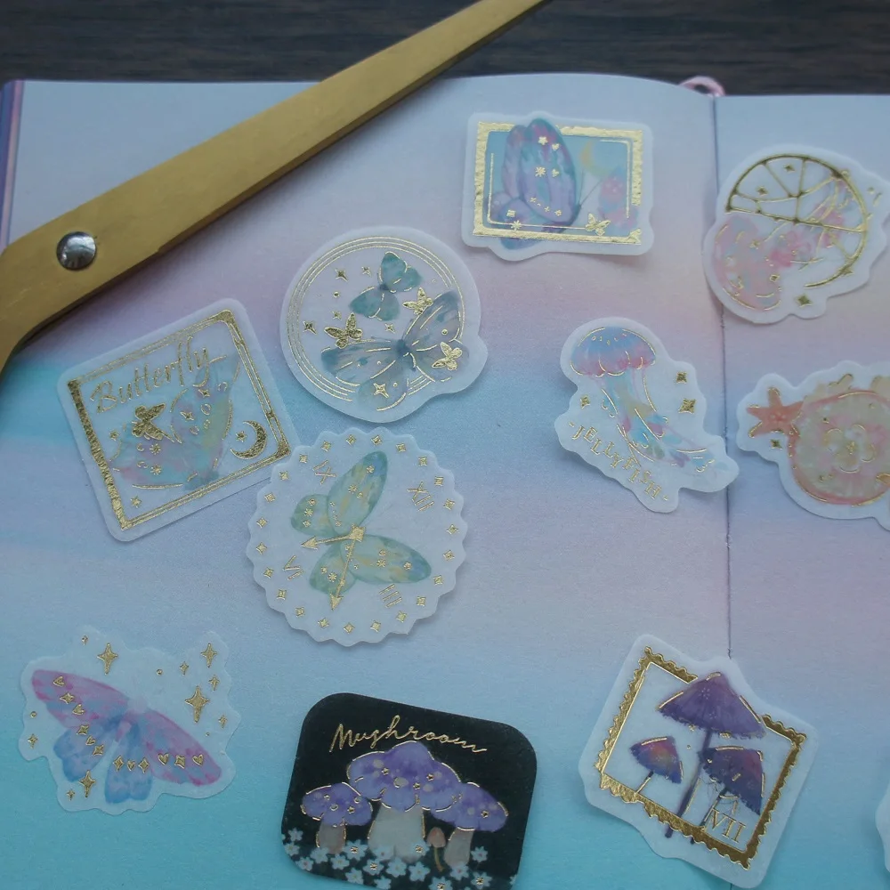 

44pcs Gold Butterfly Goldfish Mushroom Star Style Sticker Scrapbooking DIY Gift Packing Label Decoration Tag