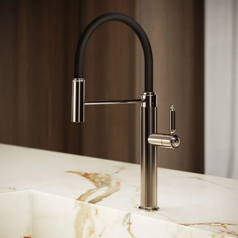 All-copper hot and cold European kitchen rotatable universal pulling household faucet