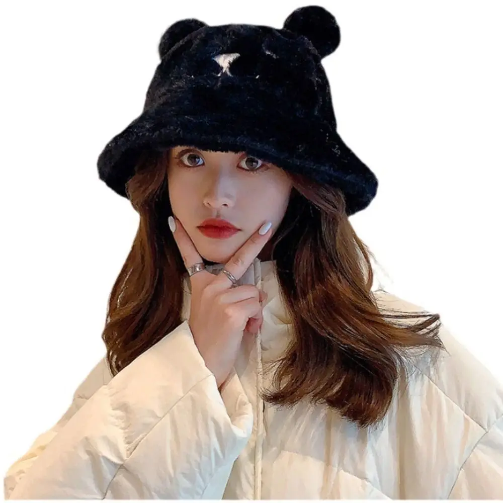 أزياء لطيف آذان الدب الفراء دلو قبعة سميكة الدافئة المرأة صياد قبعة لينة حوض قبعة الملابس والاكسسوارات