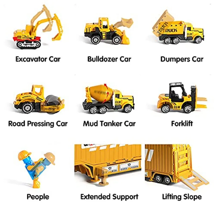 Alloy Construction Trucks Vehicle Toys for Kids Sounds Lights Effects Take Apart Container,Crane,Excavator Trucks,Cement Mixer,D