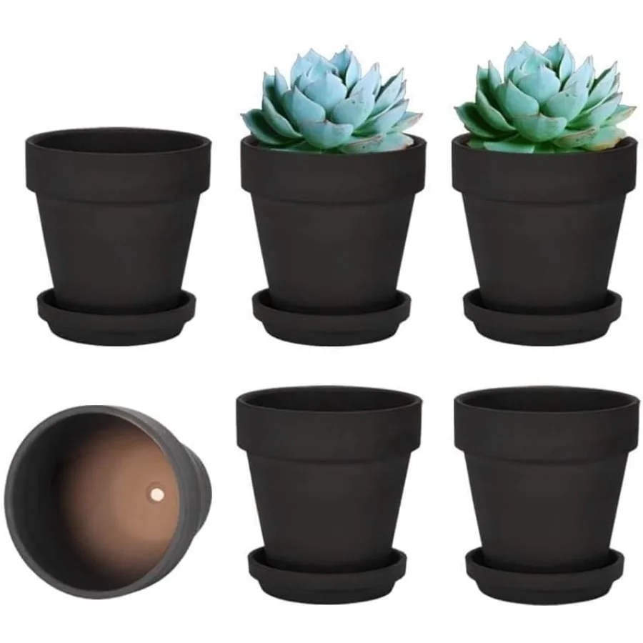 

4 Inch Small Black Terracotta Plant Pots with Saucer 6 Pack Clay Flowerpots with Drainage Great for Indoor Outdoor Plants Craft