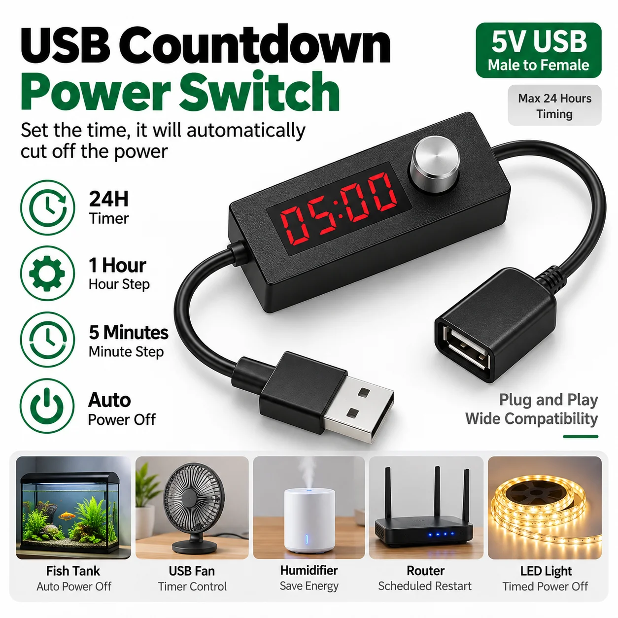 USB Switch Cable 24h Automatic Shutdown Timer Switch Countdown Power Off Power Cord Power Supply Device