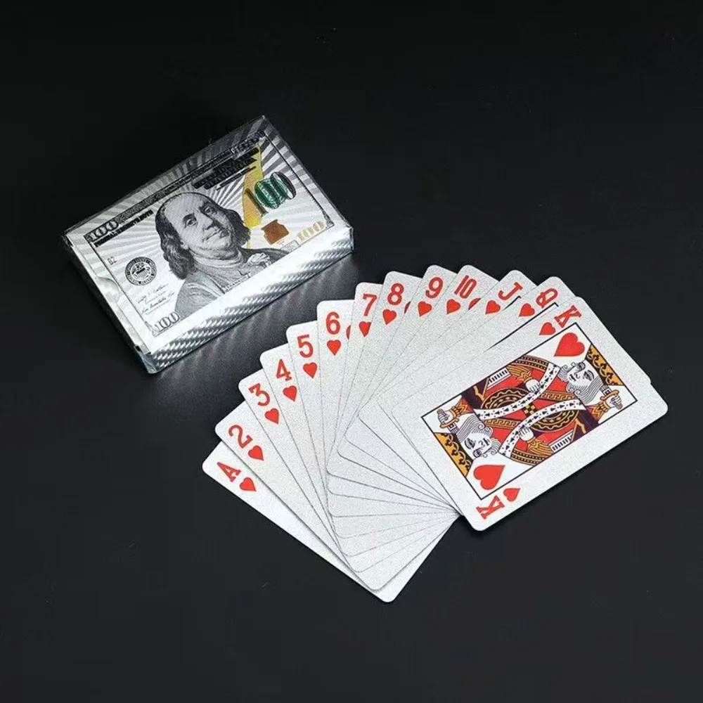 Cartas de Póker Doradas de Plástico PET PVC Impermeable, con Patrón de Monedas Coloridas en Dorado (Dólares, Euros, Yen Japonés, Libras Esterlinas)