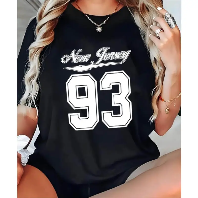 

Women's New Jersey Graphic T-Shirt - Casual Loose Fit Short Sleeve Round Neck - Black With White Geometric Print - Breathable