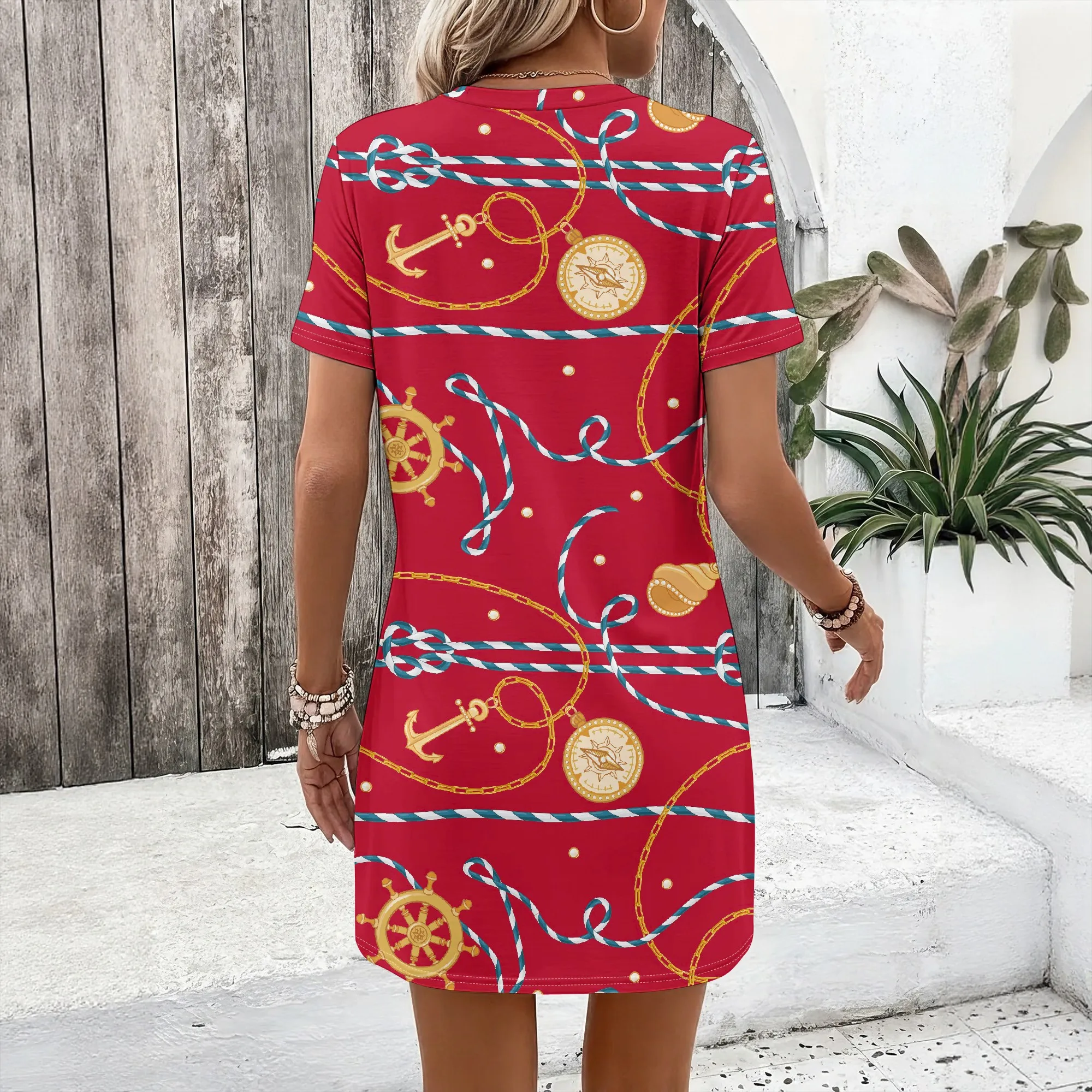 T-Shirt-Kleid mit nautischem Aufdruck, Anker- und Seilmuster, Schiffsrad-Design, lässige Sommerkleidung für Damen, S-2XL – Detail 7