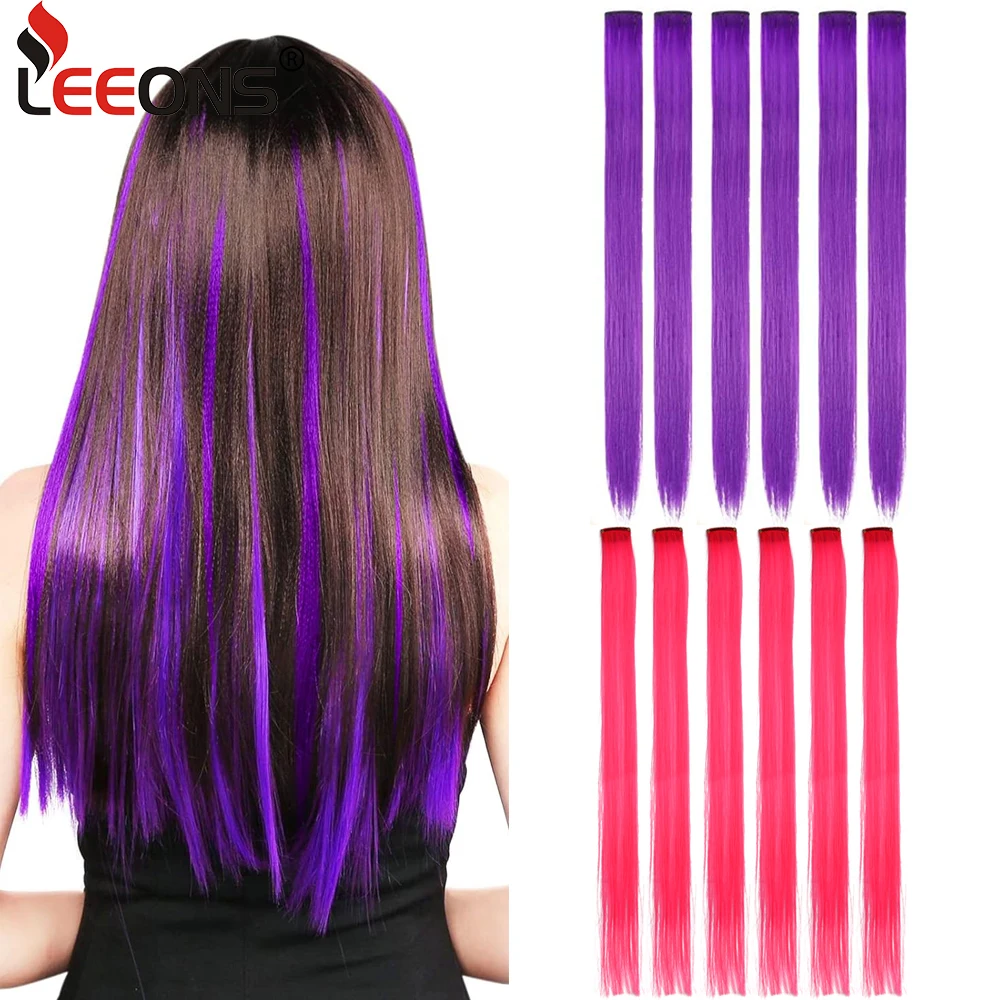

12Packs Colored Hair Extensions 20" Straight Color Clip In Hair Extension Rainbow Party Highlights Synthetic Hairpiece For Girls