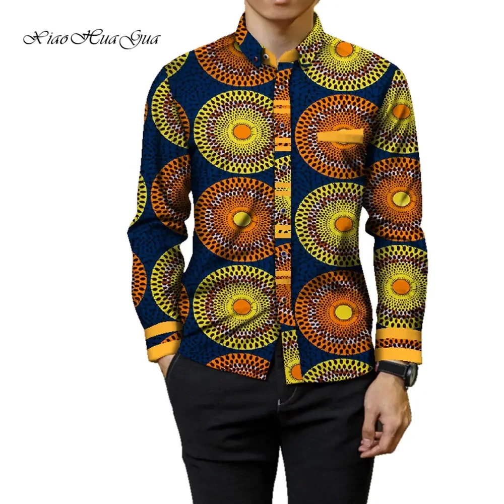 Fashion Mens Africa Festive Clothing Ankara Clothes African Print Tops Long Sleeve print Cotton patchwork T-shirt wyn905