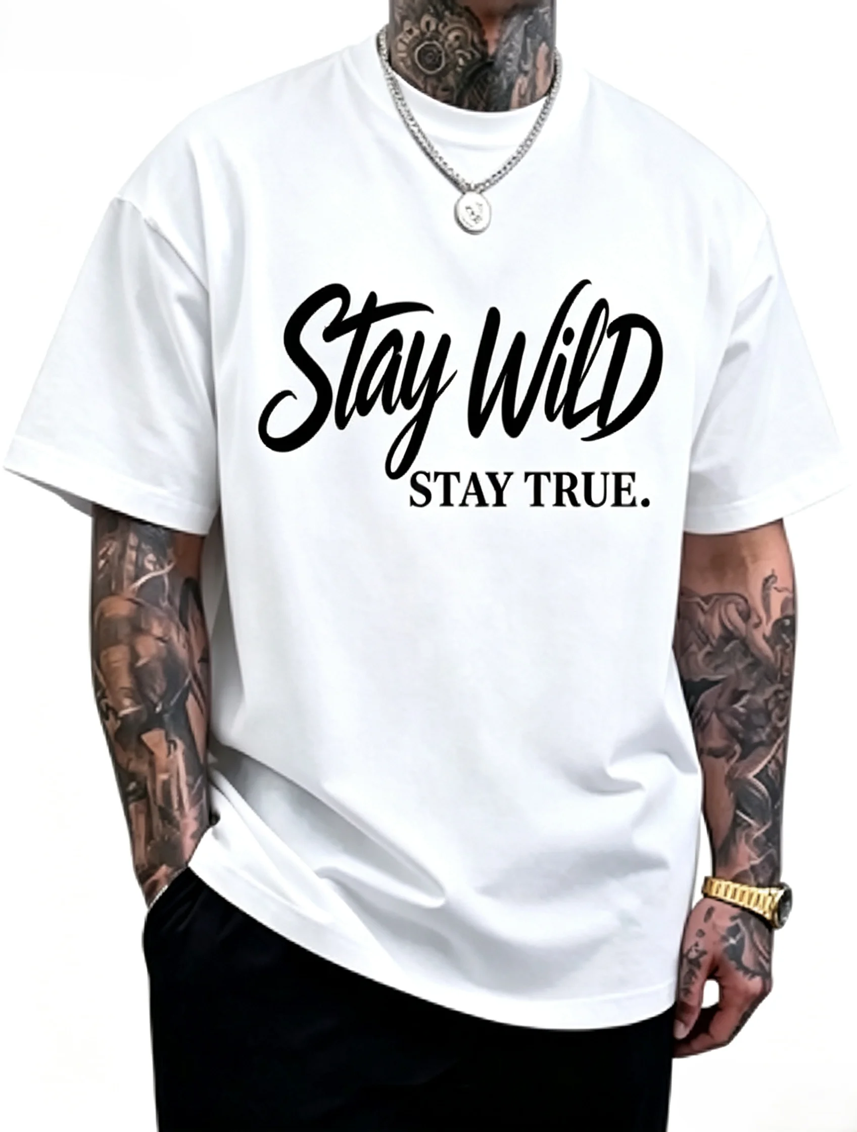Unisex Stay Wild Stay True Slogan Graphic T Shirt Men Women Vintage Script Text Print Oversized Crew Neck Short Sleeve Casual Streetwear Cotton Top