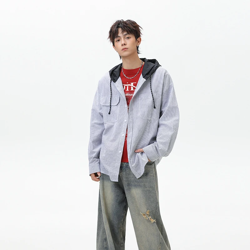 

Seersucker Stripe Shirts Men Women Streetwear Loose Casual Long Sleeve Hooded Shirts Campus Boys Girls Oversize Shirt Coat
