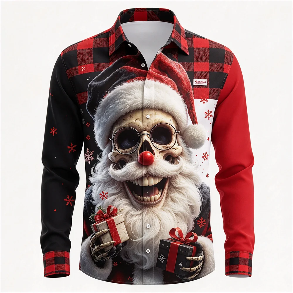 Autumn Winter Men Ugly Christmas Shirt Funny Santa Face Graphic Long Sleeve Shirts Lapel Button Shirt Holiday Party Costume Gift