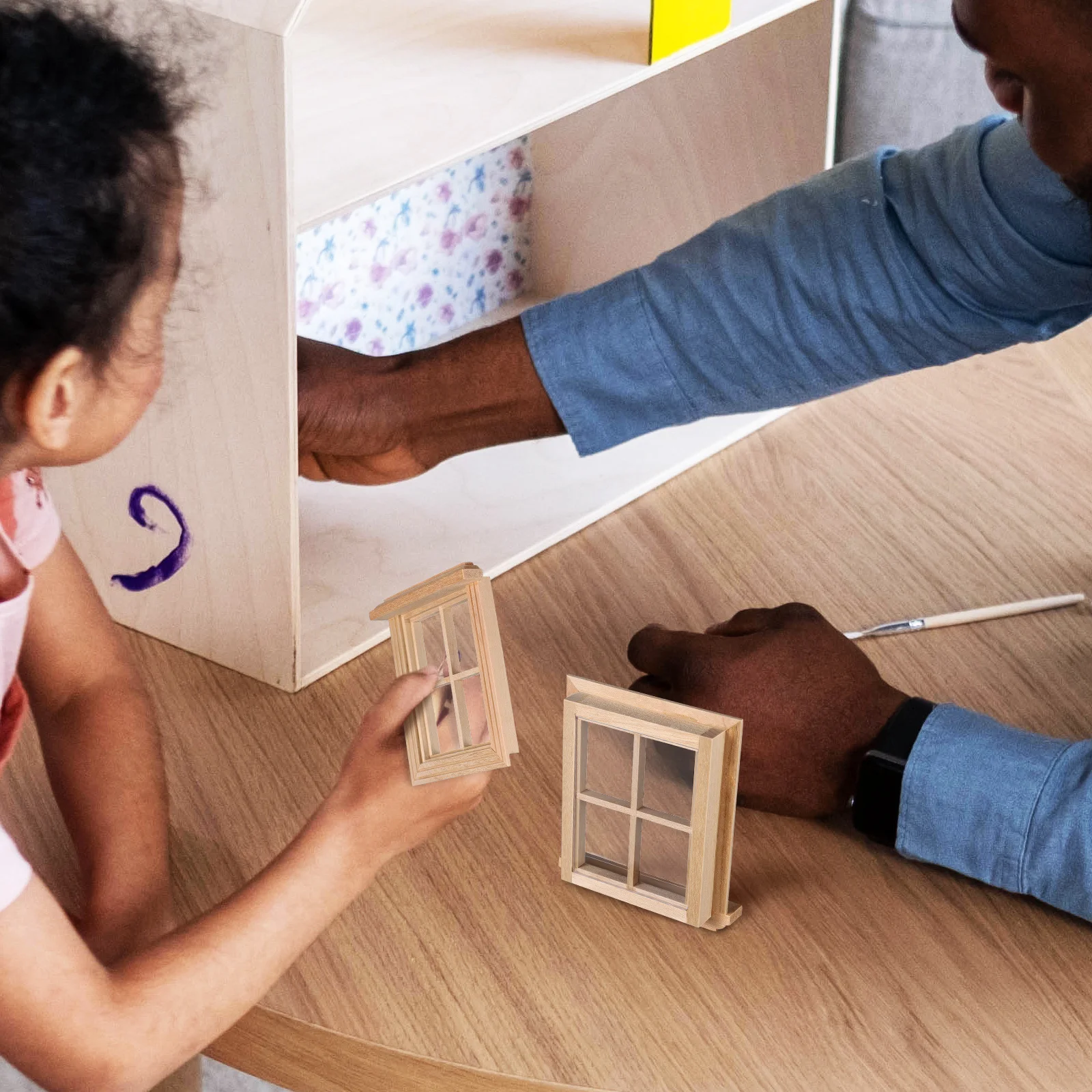 

2Pcs Four-Panel Window Educational Material Natural Wood Mini Windows for DIY Miniature Room Layout Kids Creative Decoration