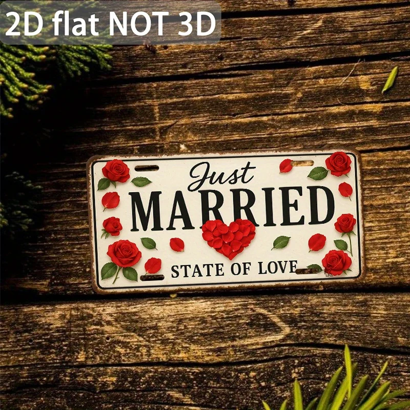 HD Aluminum Print, Vintage Just Married State Of Love Red Rose Heart Retro License Plate Style Wall Art, High Definition Bend-Re