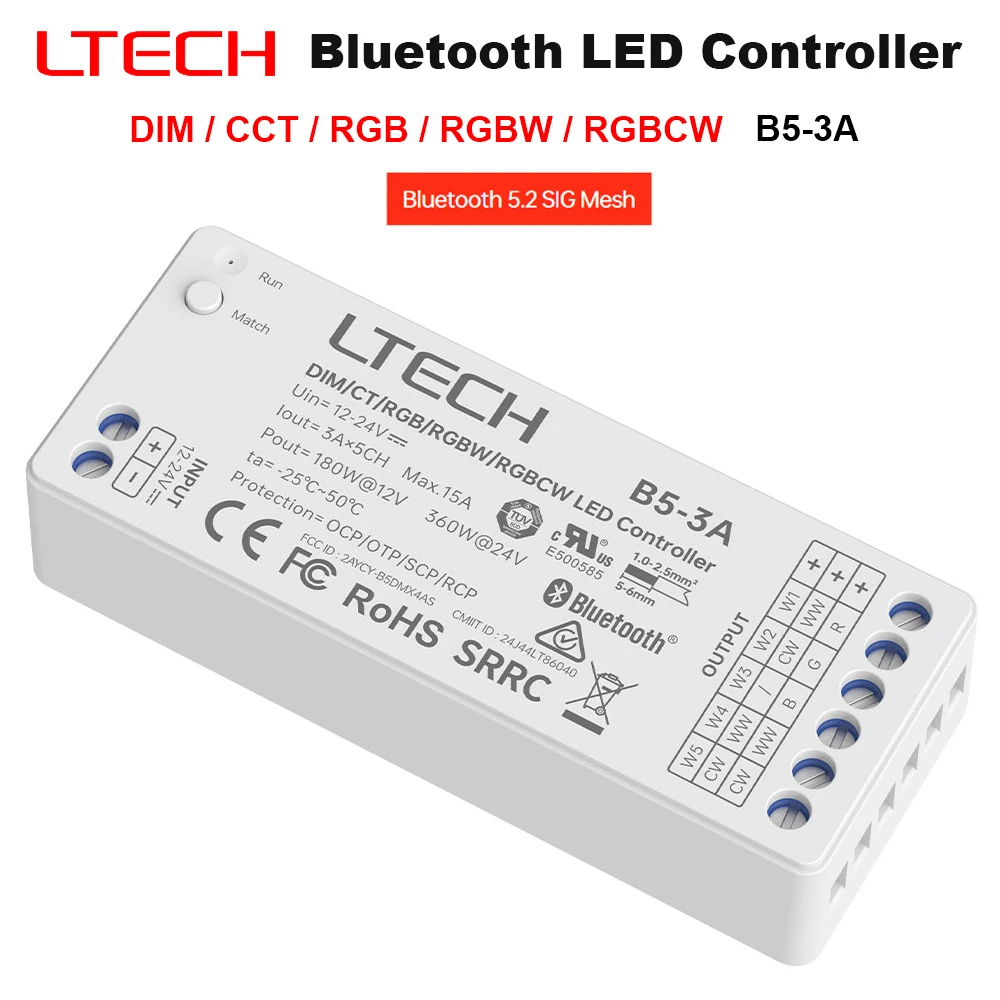 LTECH B5-3A LED Constant Bluetooth 5.2 SIG Mesh DC12-24V 5CH 15A DIM/CCT/RGB/RGBW/RGBCW Dimming APP Google Alexa