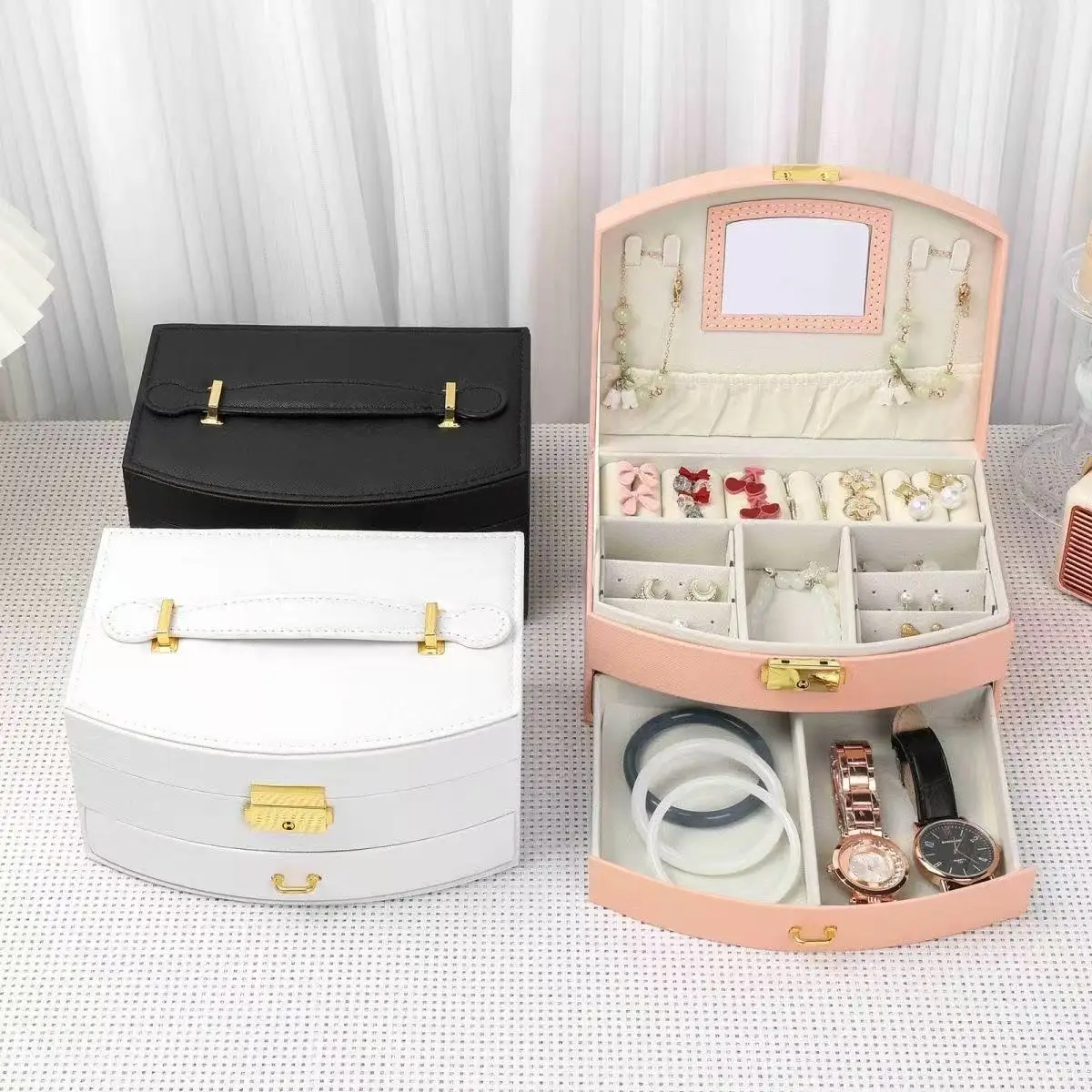 

DELESYS Black/White/Pink Fan-Shaped Double-Layer Drawer Jewelry/Ring/Earrings Storage Box Portable Travel Jewelry Storage Box