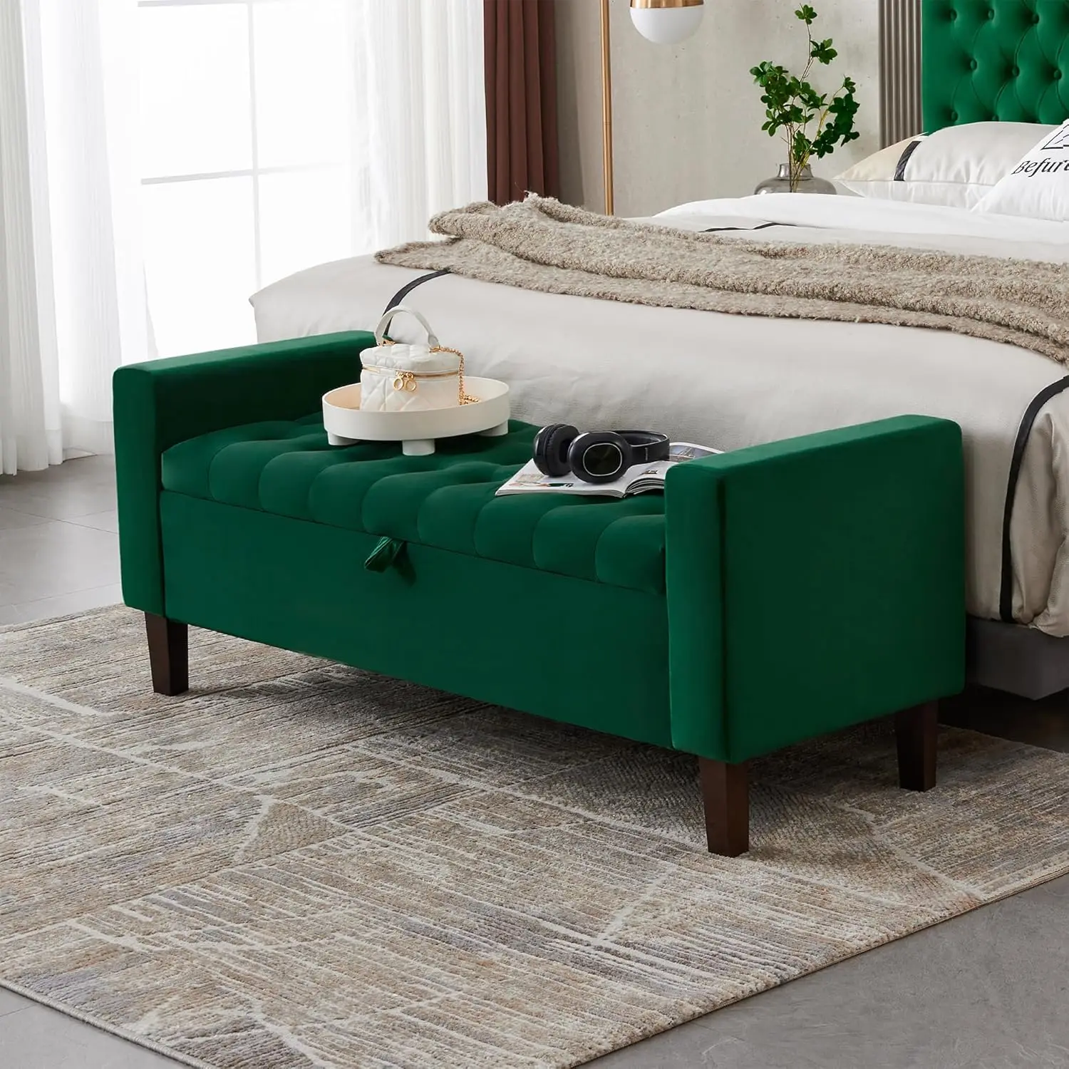 Storage Ottoman, Button-Tufted Entryway Bench with Solid Wood Legs, Velvet Storage Bench