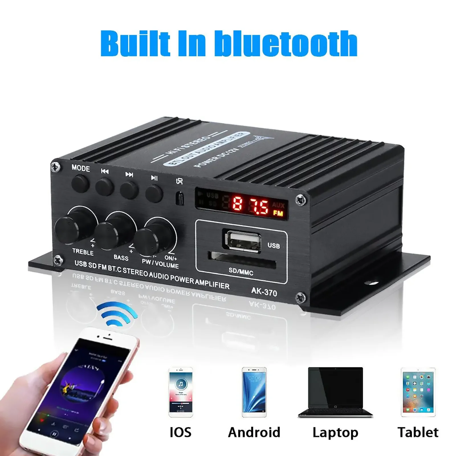 Wzmacniacz cyfrowy Bluetooth AK370 HIFI Mini Stereo Audio Amplifier USB FM 2.0-kanałowy wzmacniacz dźwięku do głośników subwooferowych do domu i samochodu