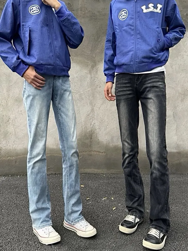 Slim Fit Vintage Washed American High Street Style Men's Jeans Elastic Micro Flared Leggings Classic Blue And Grey Colors