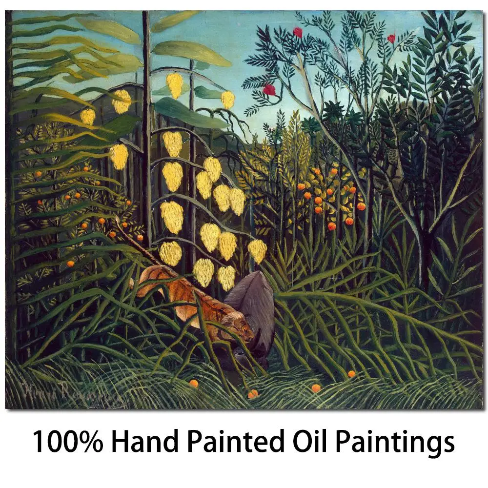 

Modern Landscape Painting For Dining Room Tropical Forest Battling Tiger Buffalo Hand Painted Henri Rousseau Canvas Art Quality