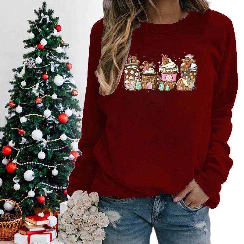 Gingerbread Cookies Sweatshirt Autumn Winter Women Fashion Christmas Coffee Sweatshirts Casual Graphic Long Sleeve Pullovers