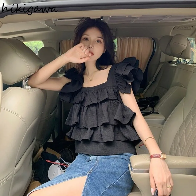 2024 Camisas De Mujer Fashion Simple White Blouse Women Square Collar Flying Sleeve Crop Tops Ruffles Summer Sweet Blouses Tops