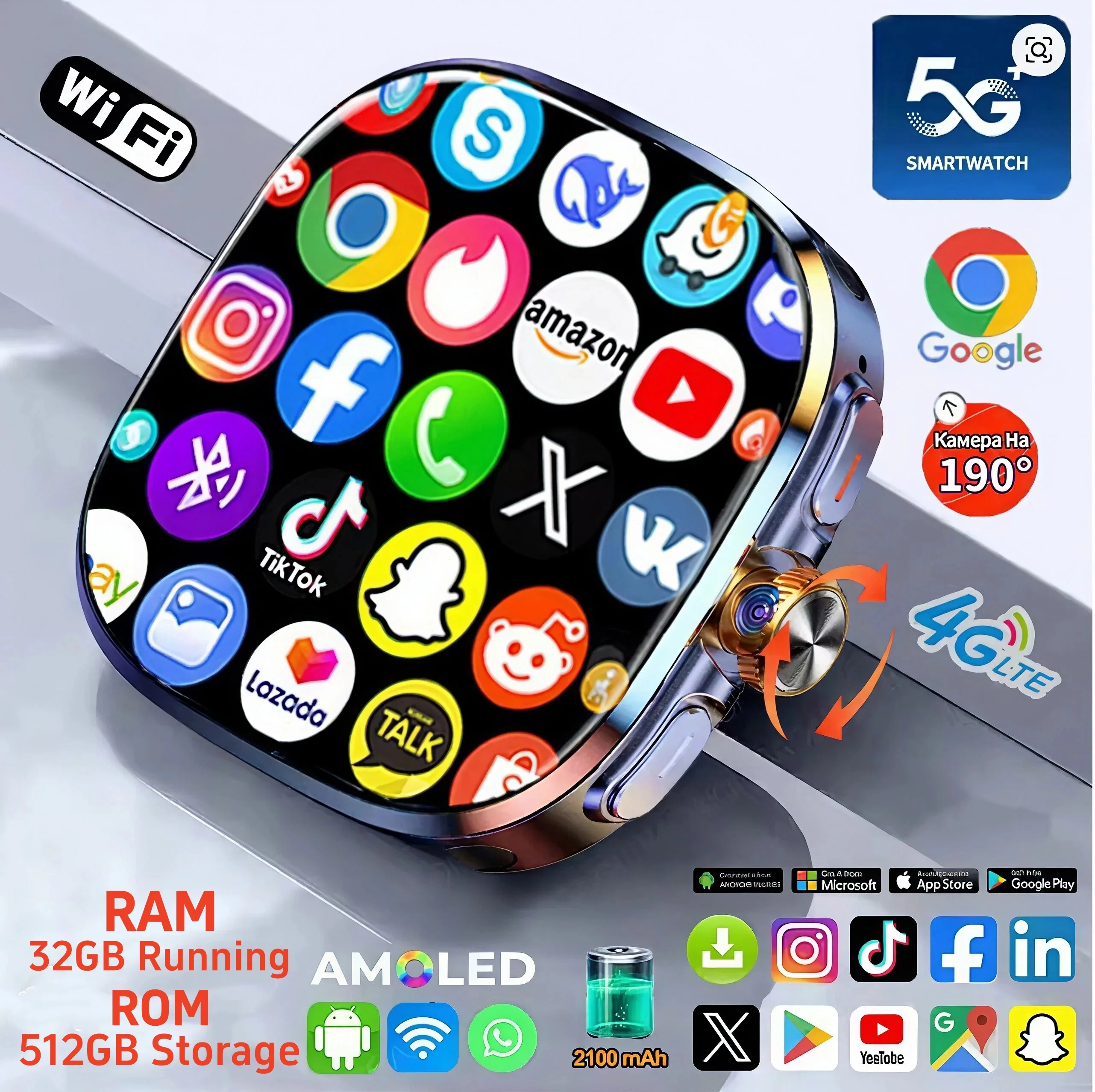 M99 Smartwatch 5G LTE Android 10.0 2.4-inch AMOLED Display Smart Watch With 800W Pull-out Camera 32GB+1024GB Sim Card Slot