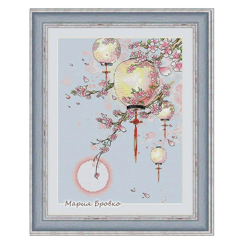 

Cross-stitch set: Peach Blossom Palace Lantern 28ct, 18ct, 14ct, 11ct Customizable printed fabric hand-embroidery material packa