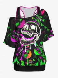 Plus Size T-shirt Set 2024 New XS-6X Y2K Solid Racerback Tank Top and Skew Neck Batwing Sleeves Ombre Skulls Fire Printed