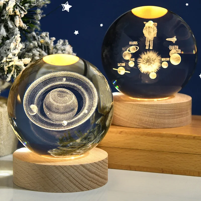 

Crystal Ball 3D Laser Engraved Astronaut Planet Sun System Decorative Ball With LED Light Base Home Decor Ornament Kids Gift