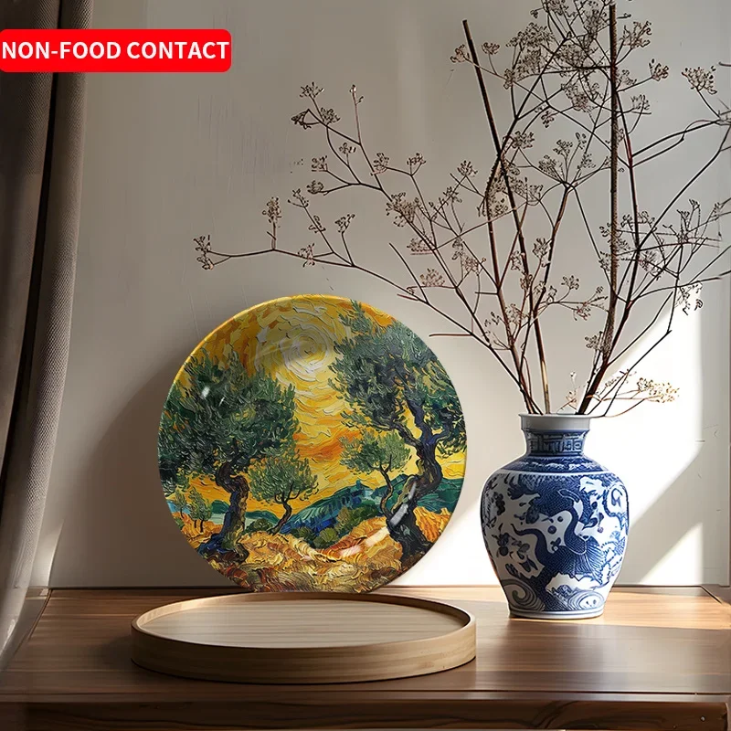 1pc Art Deco Style Ceramic Round Decorative Plate, Double Tree Sunrise Pattern, Non-Food Contact Home Wall Art, Ideal for